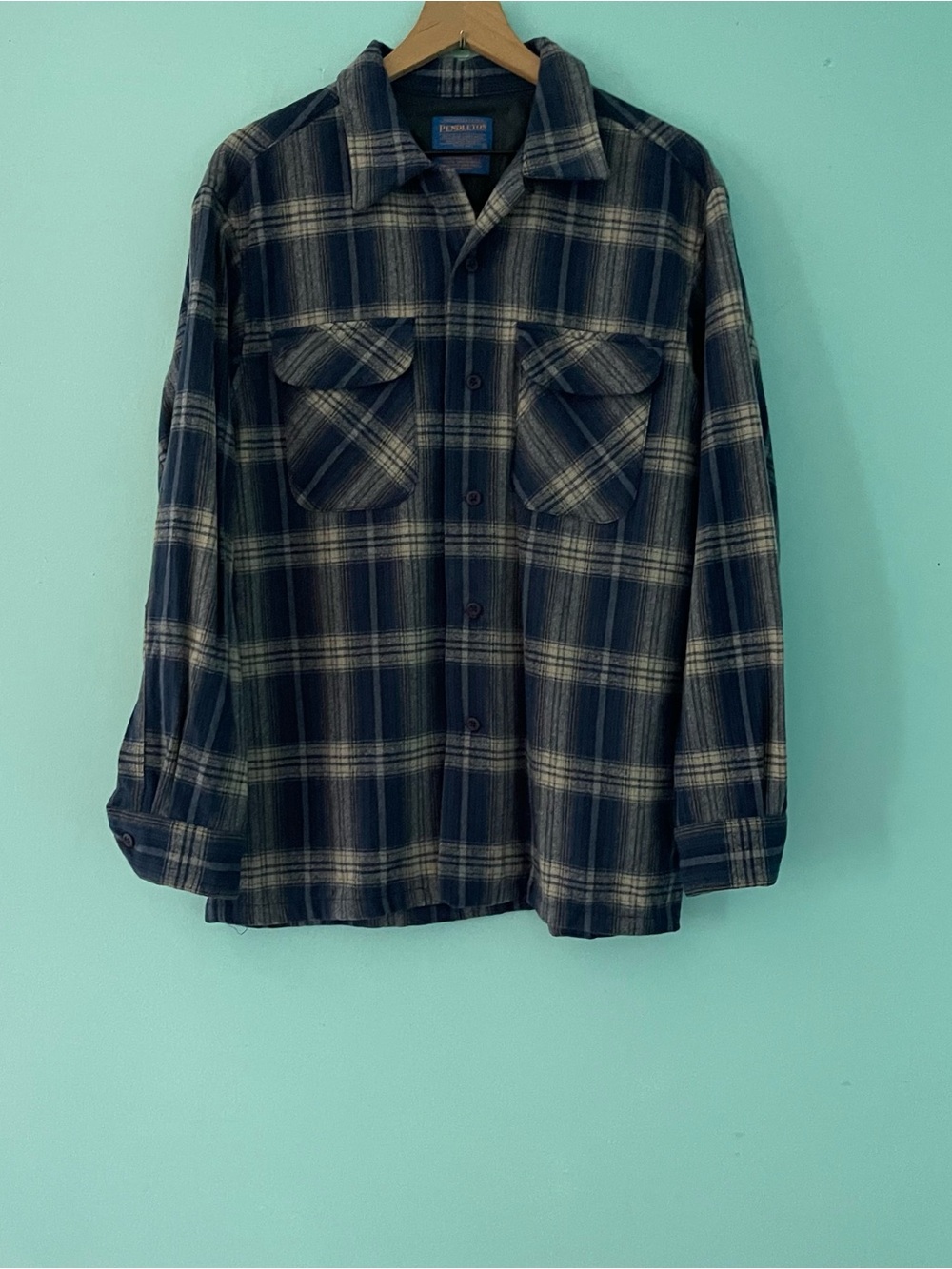Pendleton Board Wool Long Sleeve Blue Plaid Shirt M Button Down Mens Washable